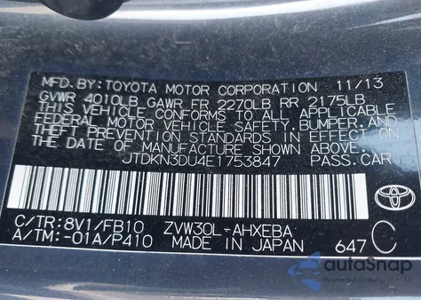 2014 Toyota Prius Two from USA, damaged, VIN JTDKN3DU4E1753847